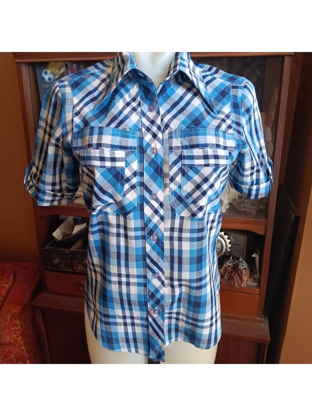 Small Womens Vintage Shirt 70's Blue Plaid Blouse Shirt Boho Hippie Distress